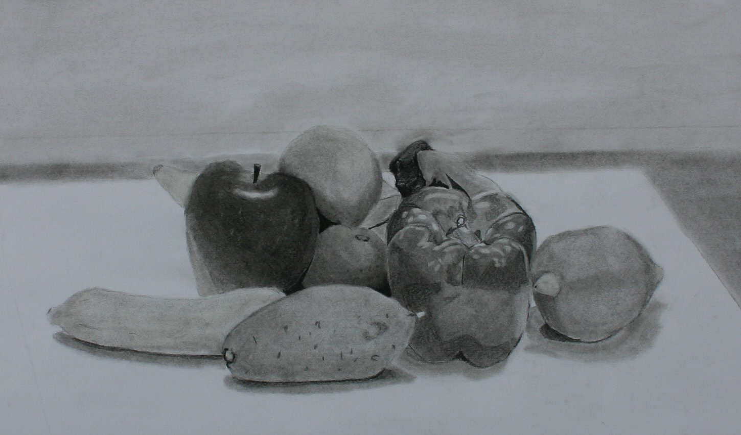 Fruit and Veggies Still Life, charcoal on drawing paper, 18 x 24in, 2020